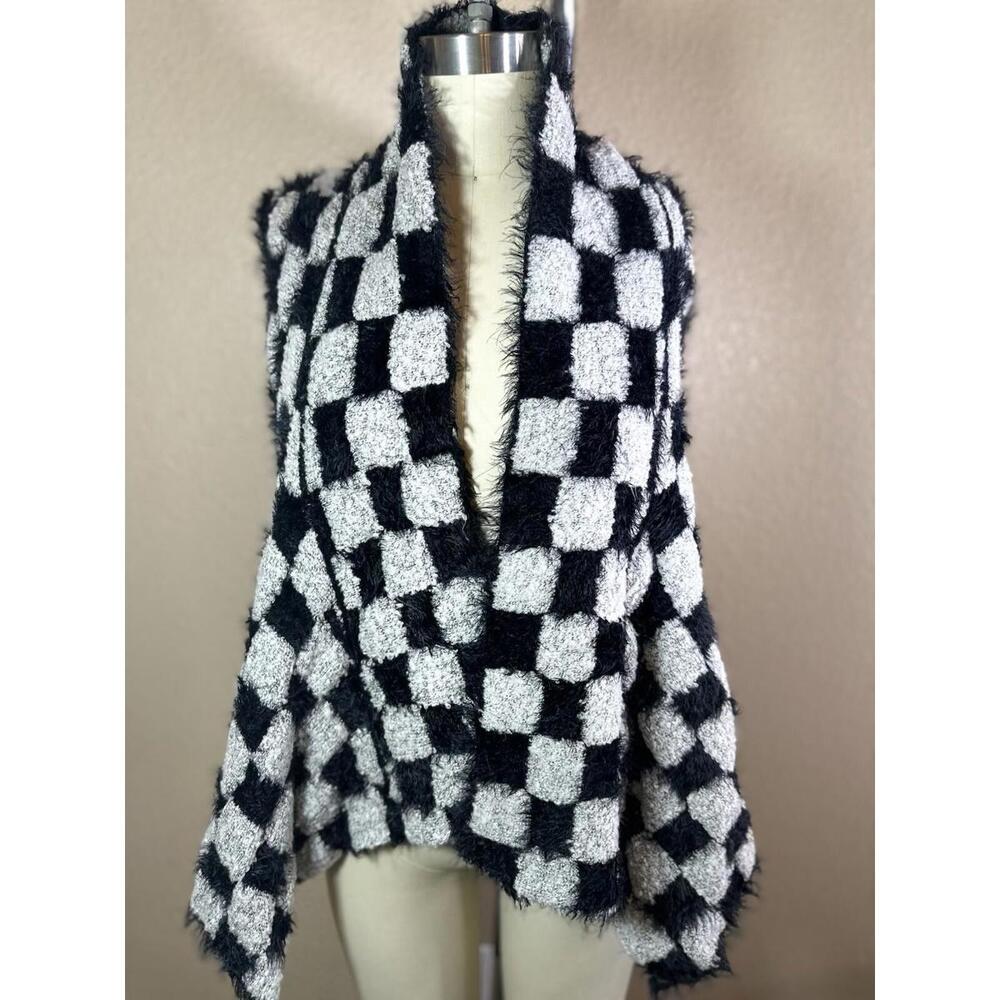 Womens‎ S/M MilanoHoundstooth Sweater Vest Black White Eyelash Fringe Open Front